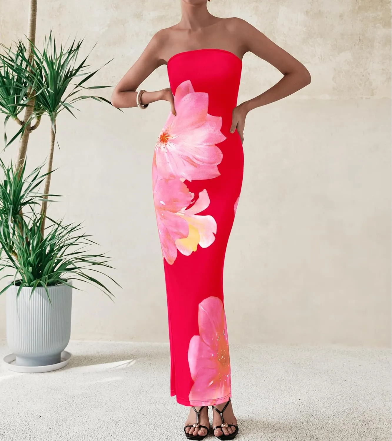 PRETTYGARDEN Women Summer Strapless Maxi Dress Bodycon Floral Sexy Long Wedding Guest Dress Formal Tube Mesh Cocktail Dresses