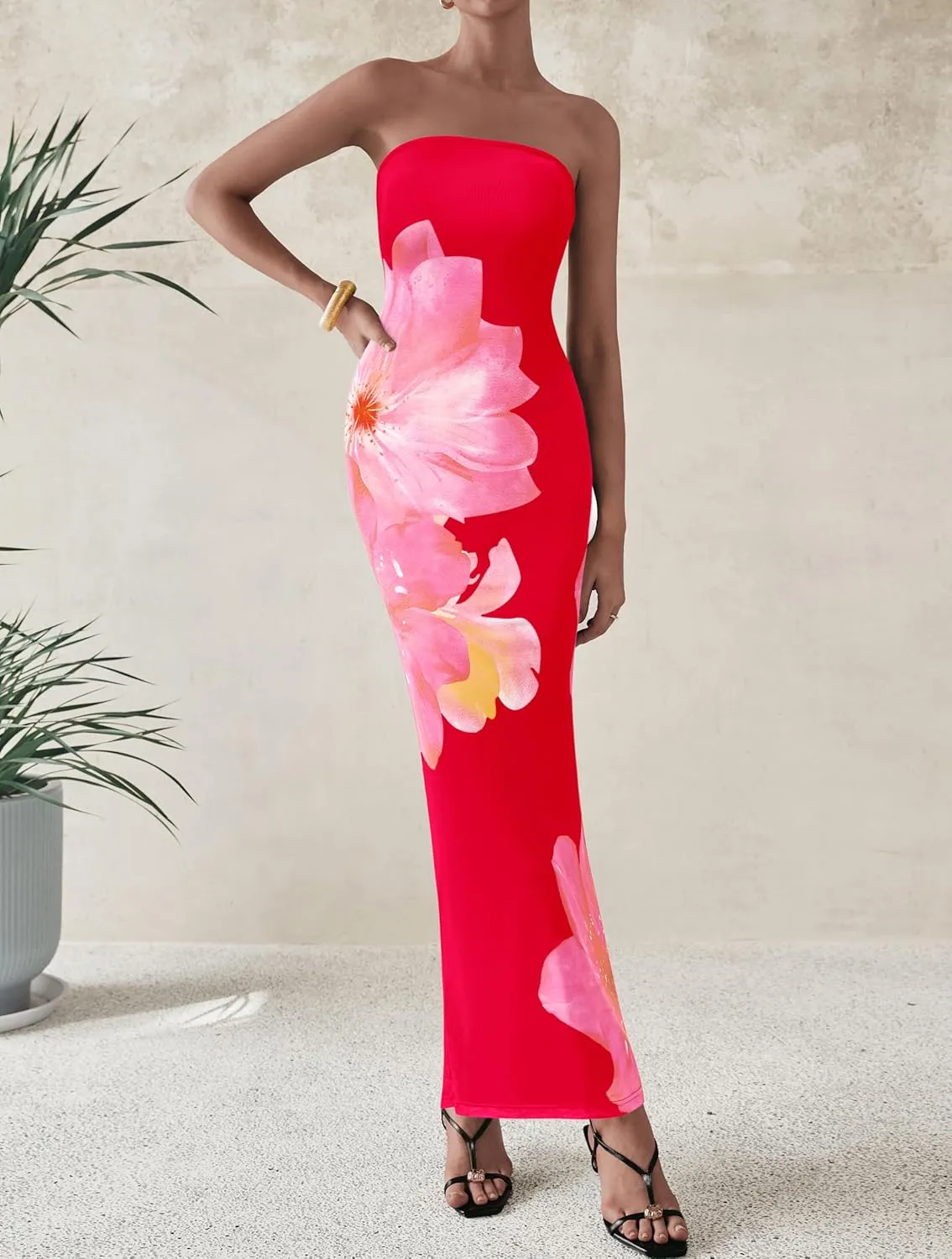 PRETTYGARDEN Women Summer Strapless Maxi Dress Bodycon Floral Sexy Long Wedding Guest Dress Formal Tube Mesh Cocktail Dresses