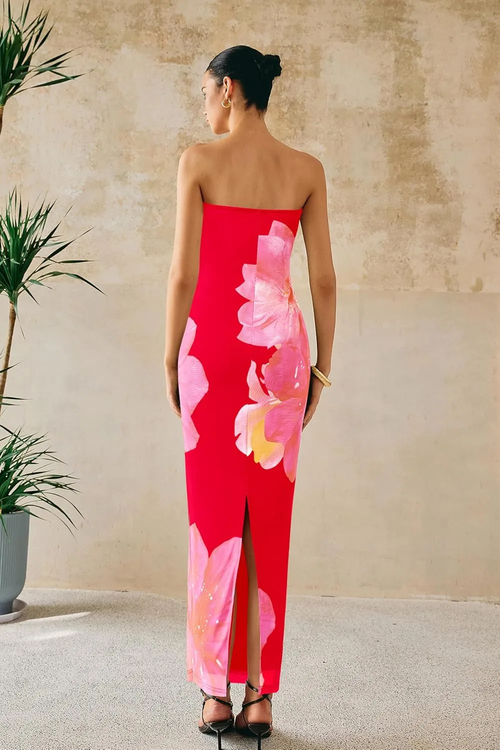 PRETTYGARDEN Women Summer Strapless Maxi Dress Bodycon Floral Sexy Long Wedding Guest Dress Formal Tube Mesh Cocktail Dresses