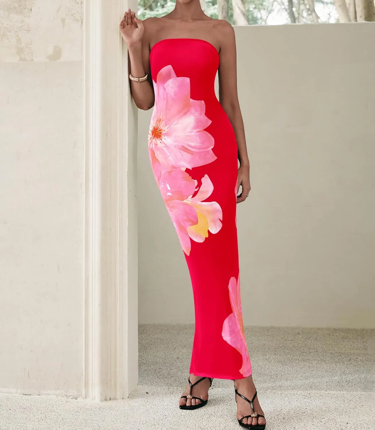 PRETTYGARDEN Women Summer Strapless Maxi Dress Bodycon Floral Sexy Long Wedding Guest Dress Formal Tube Mesh Cocktail Dresses