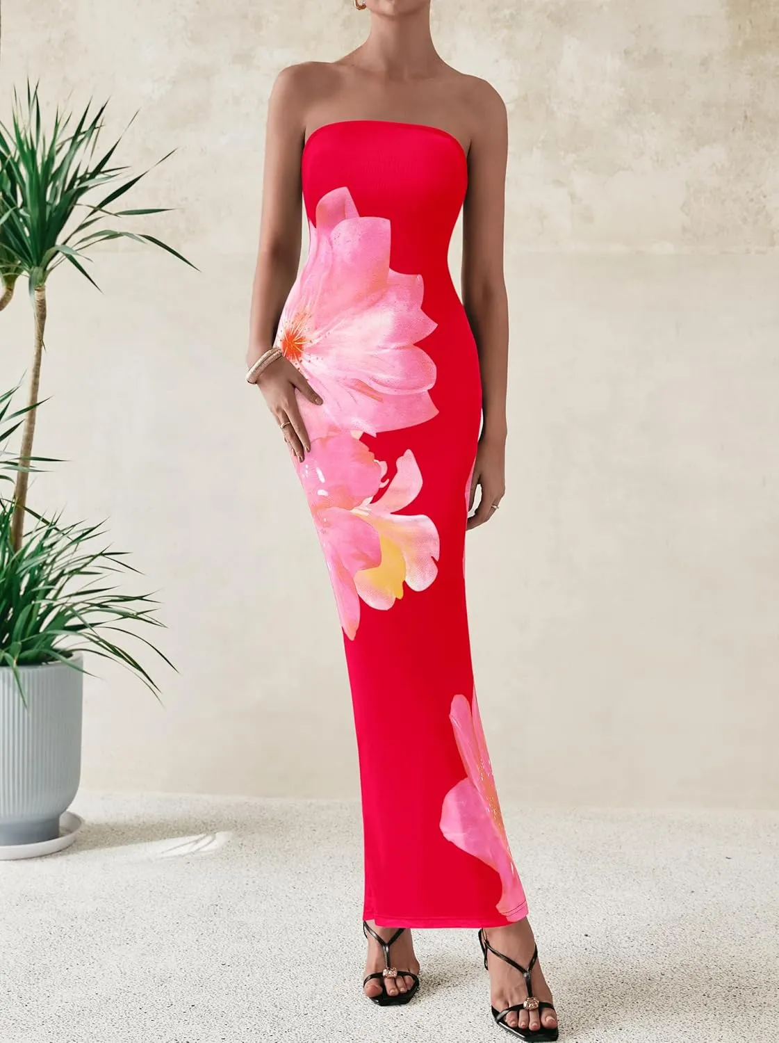 PRETTYGARDEN Women Summer Strapless Maxi Dress Bodycon Floral Sexy Long Wedding Guest Dress Formal Tube Mesh Cocktail Dresses