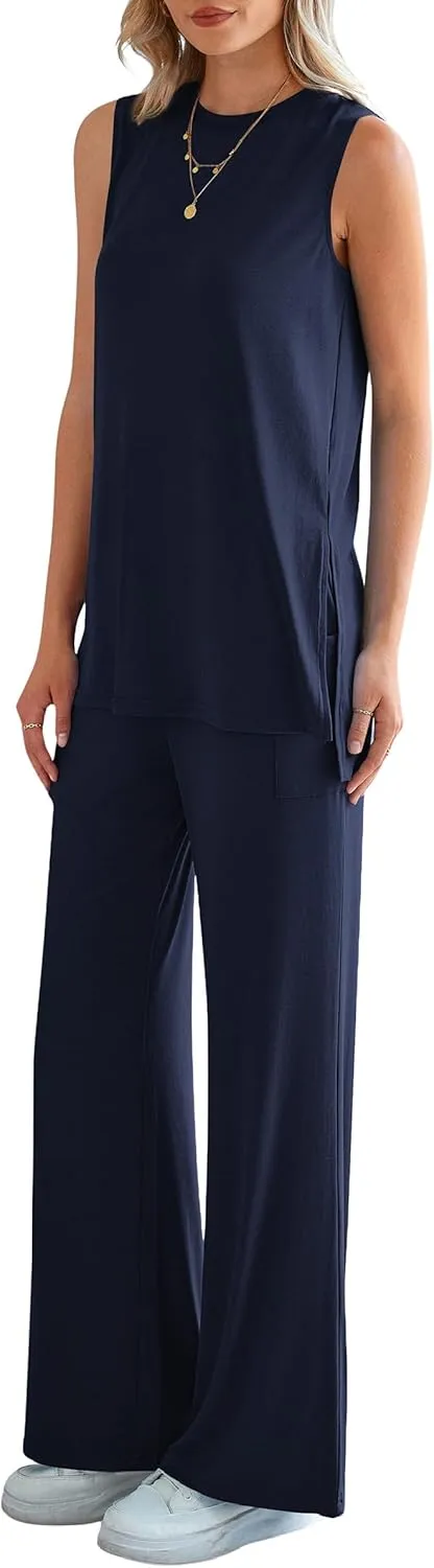 PRETTYGARDEN Women's 2 Piece Lounge Set 2025 Summer Casual Loose Tank Top Wide Leg Pants Matching Travel Outfits Tracksuit