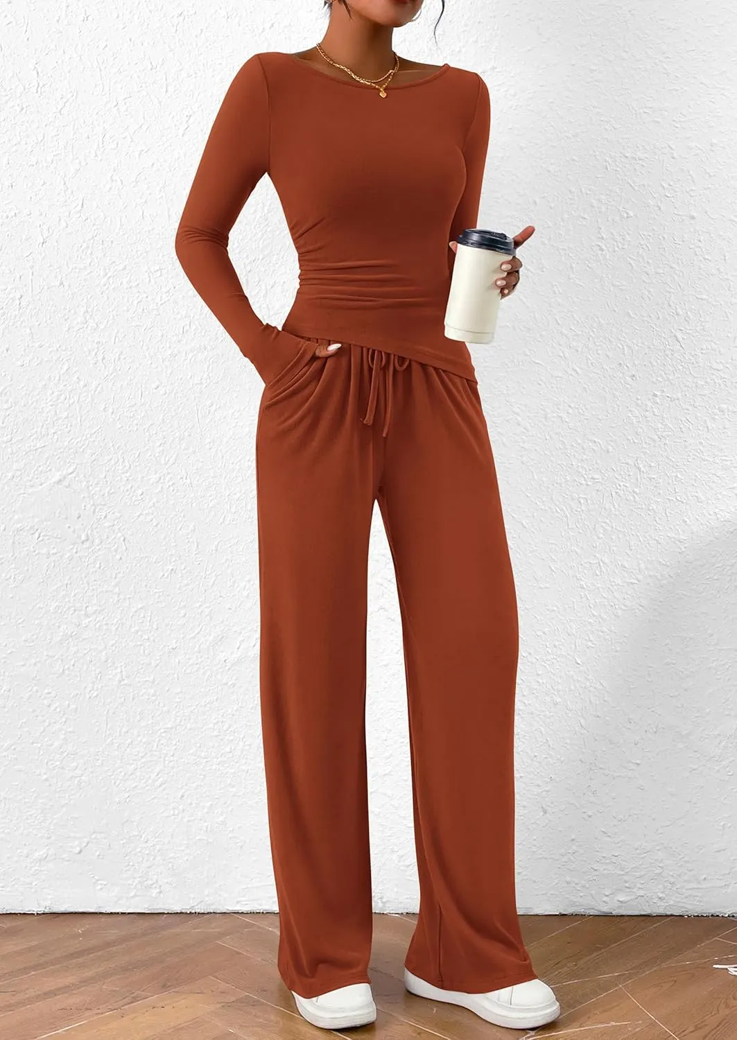 PRETTYGARDEN Women's 2 Piece Lounge Sets Asymmetrical Long Sleeve T Shirt Wide Leg Pants Casual Outfits Tracksuit