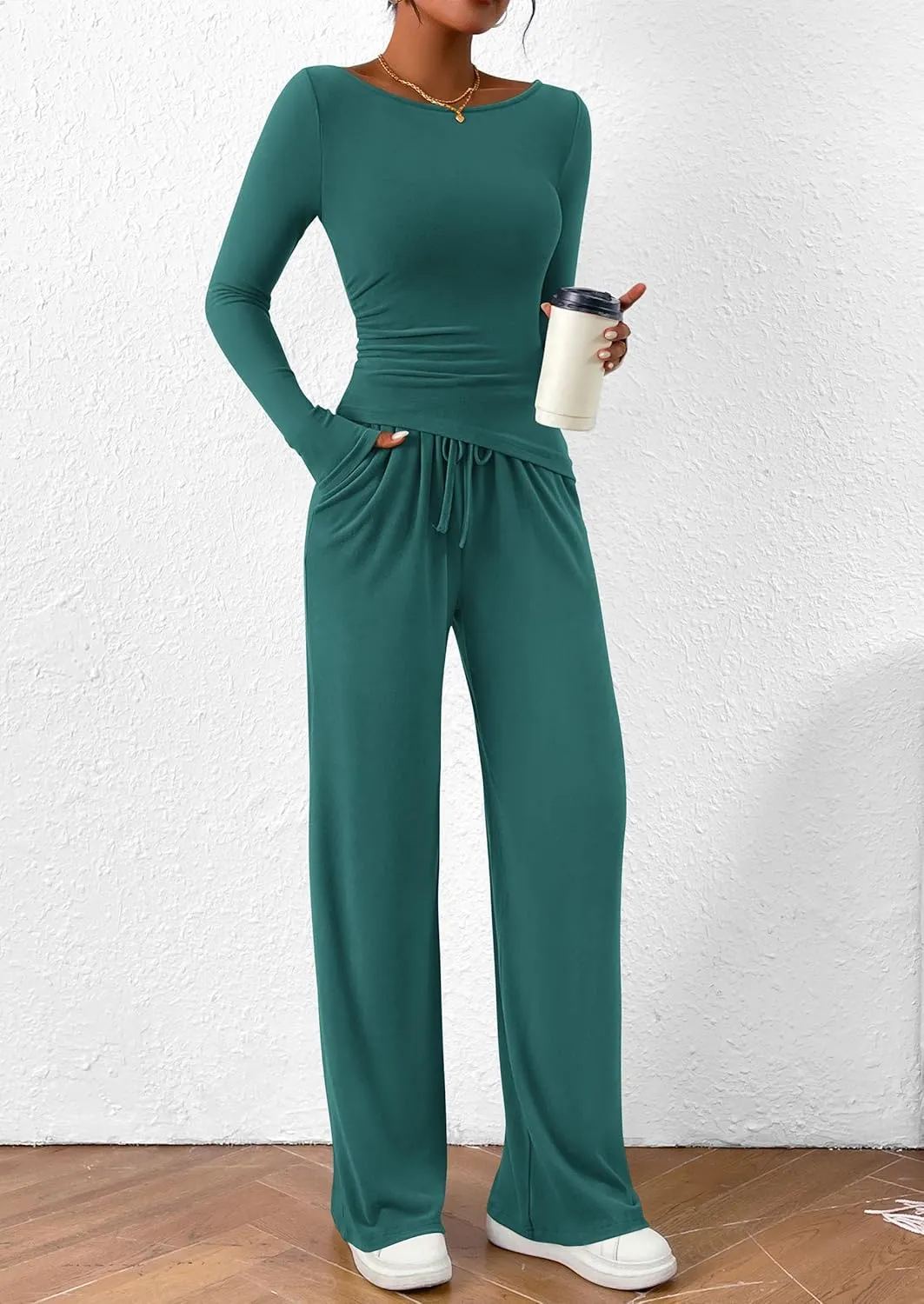 PRETTYGARDEN Women's 2 Piece Lounge Sets Asymmetrical Long Sleeve T Shirt Wide Leg Pants Casual Outfits Tracksuit