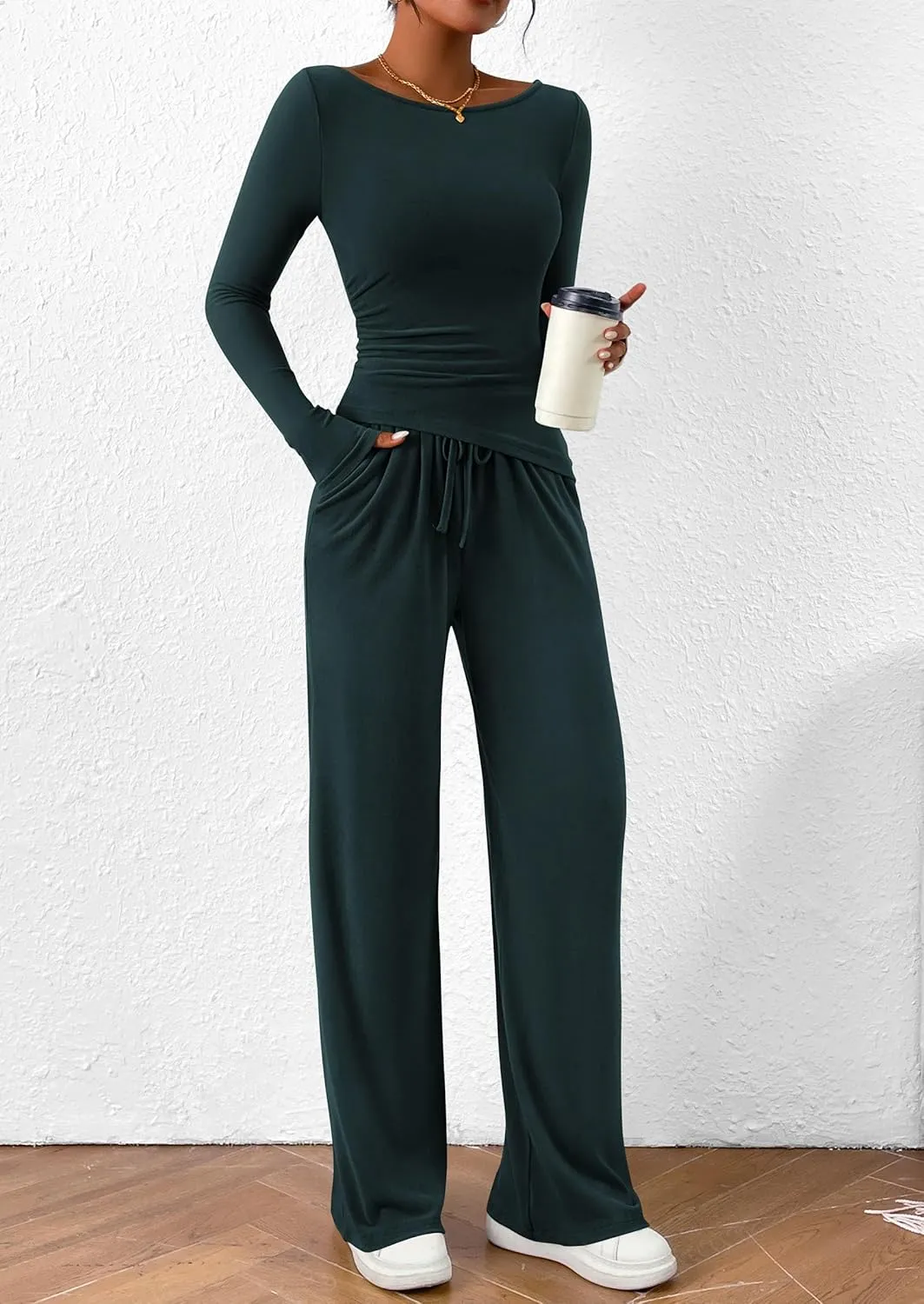 PRETTYGARDEN Women's 2 Piece Lounge Sets Asymmetrical Long Sleeve T Shirt Wide Leg Pants Casual Outfits Tracksuit