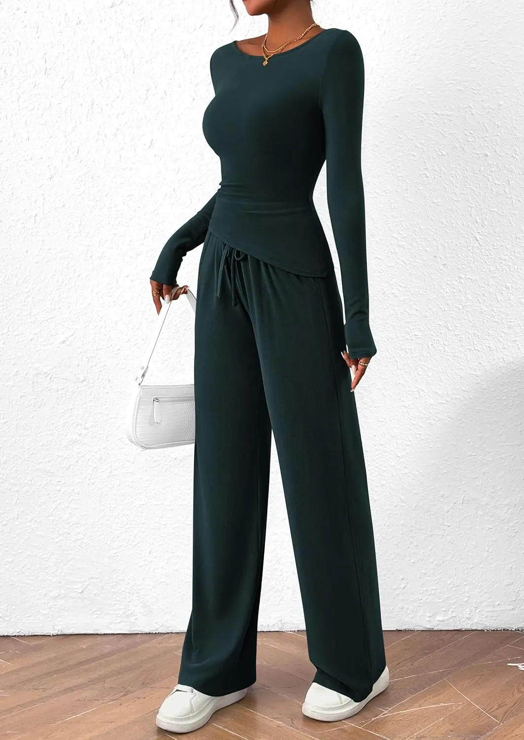 PRETTYGARDEN Women's 2 Piece Lounge Sets Asymmetrical Long Sleeve T Shirt Wide Leg Pants Casual Outfits Tracksuit