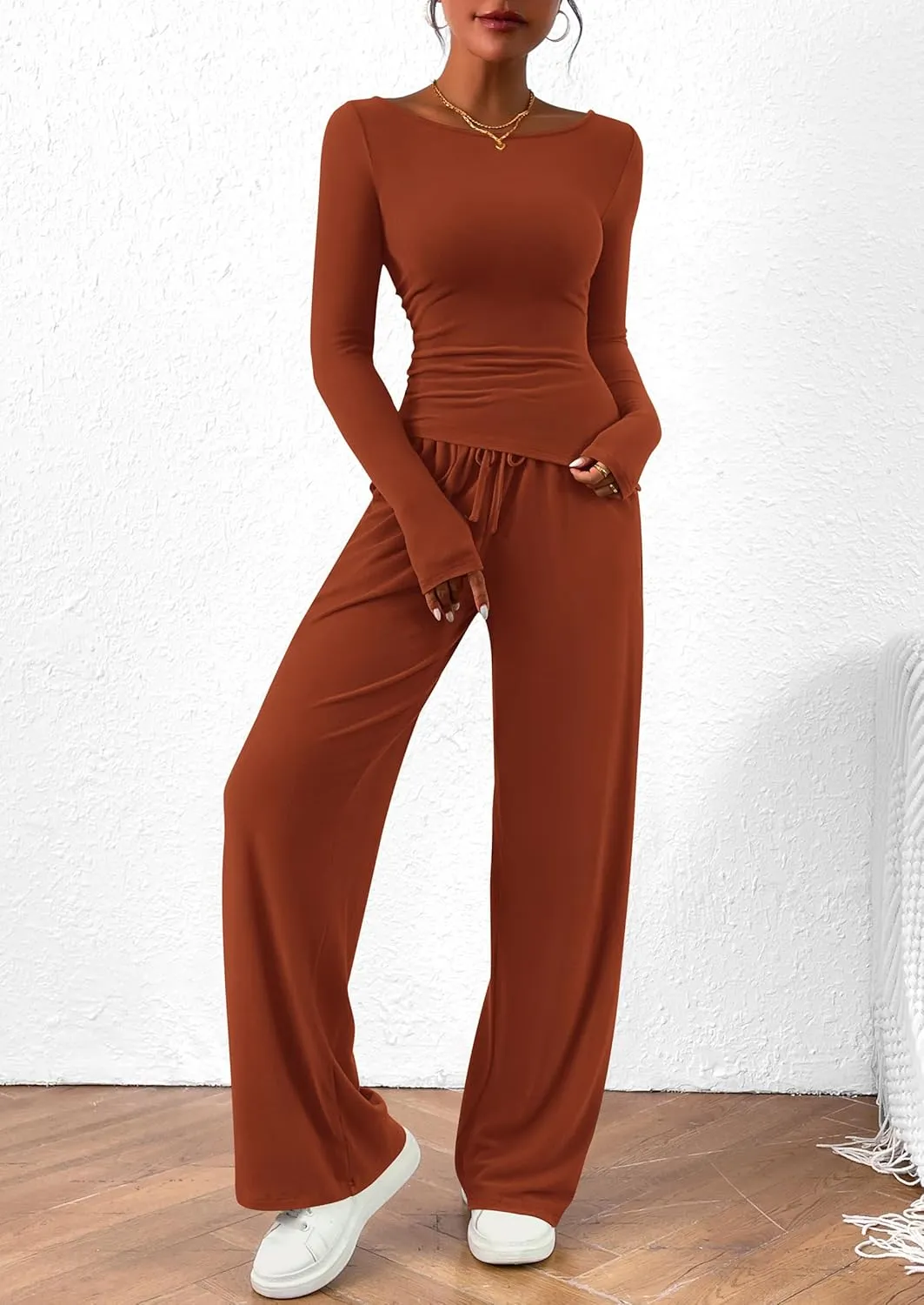 PRETTYGARDEN Women's 2 Piece Lounge Sets Asymmetrical Long Sleeve T Shirt Wide Leg Pants Casual Outfits Tracksuit