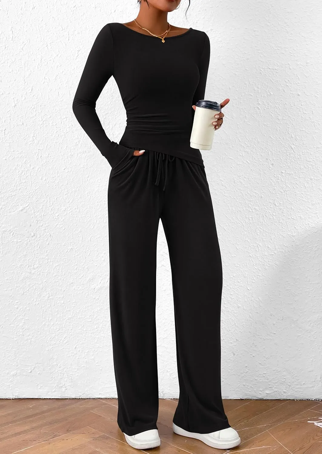PRETTYGARDEN Women's 2 Piece Lounge Sets Asymmetrical Long Sleeve T Shirt Wide Leg Pants Casual Outfits Tracksuit