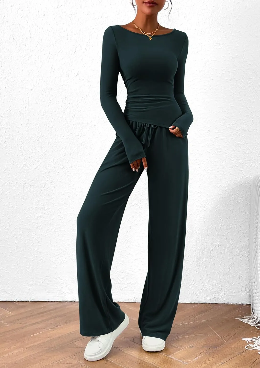 PRETTYGARDEN Women's 2 Piece Lounge Sets Asymmetrical Long Sleeve T Shirt Wide Leg Pants Casual Outfits Tracksuit