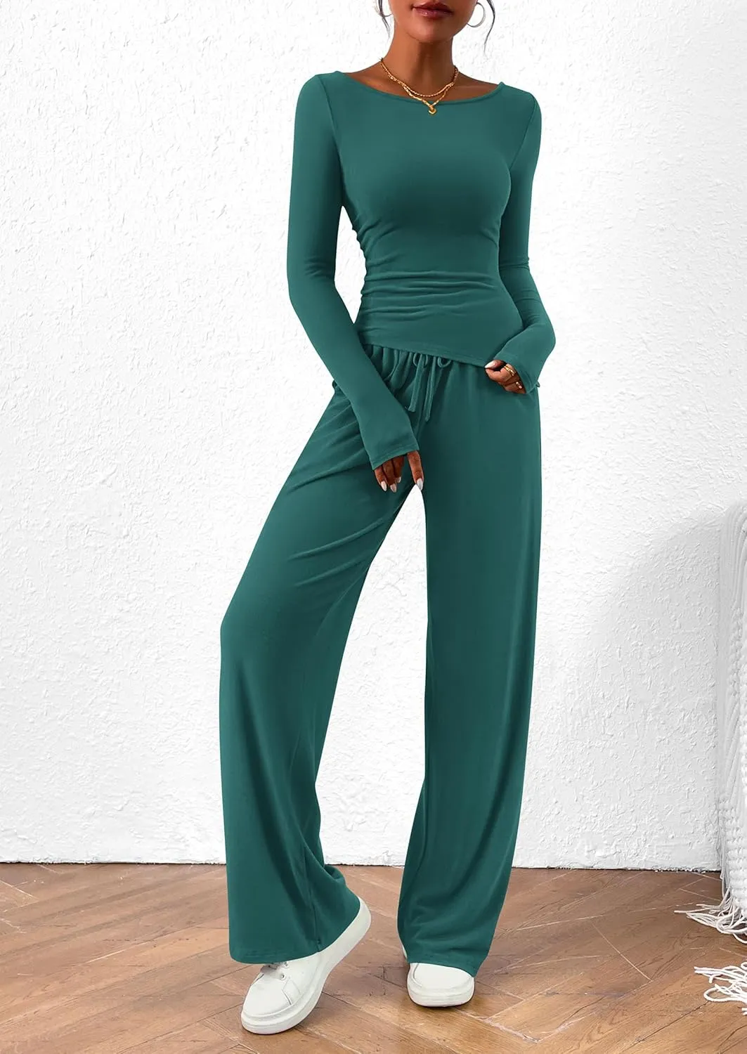 PRETTYGARDEN Women's 2 Piece Lounge Sets Asymmetrical Long Sleeve T Shirt Wide Leg Pants Casual Outfits Tracksuit