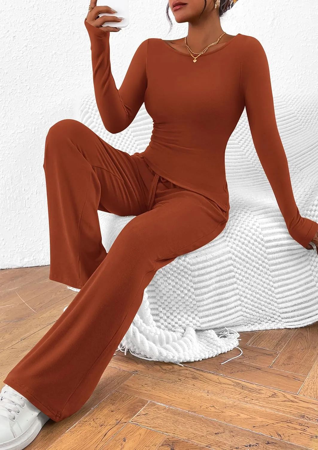 PRETTYGARDEN Women's 2 Piece Lounge Sets Asymmetrical Long Sleeve T Shirt Wide Leg Pants Casual Outfits Tracksuit