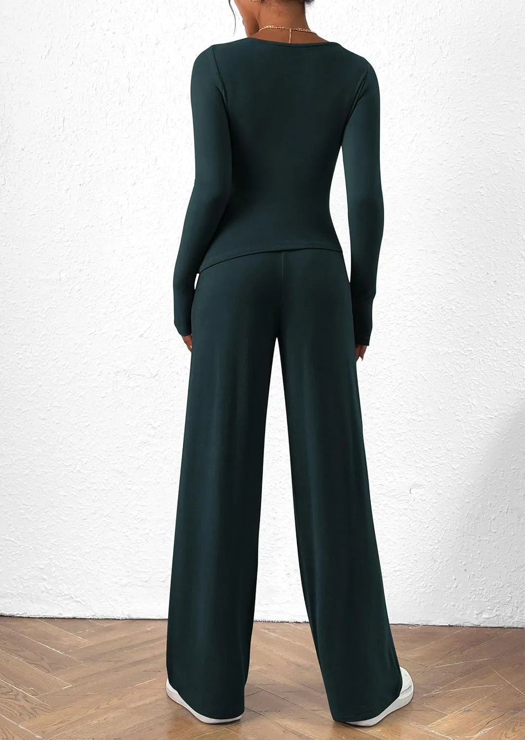 PRETTYGARDEN Women's 2 Piece Lounge Sets Asymmetrical Long Sleeve T Shirt Wide Leg Pants Casual Outfits Tracksuit