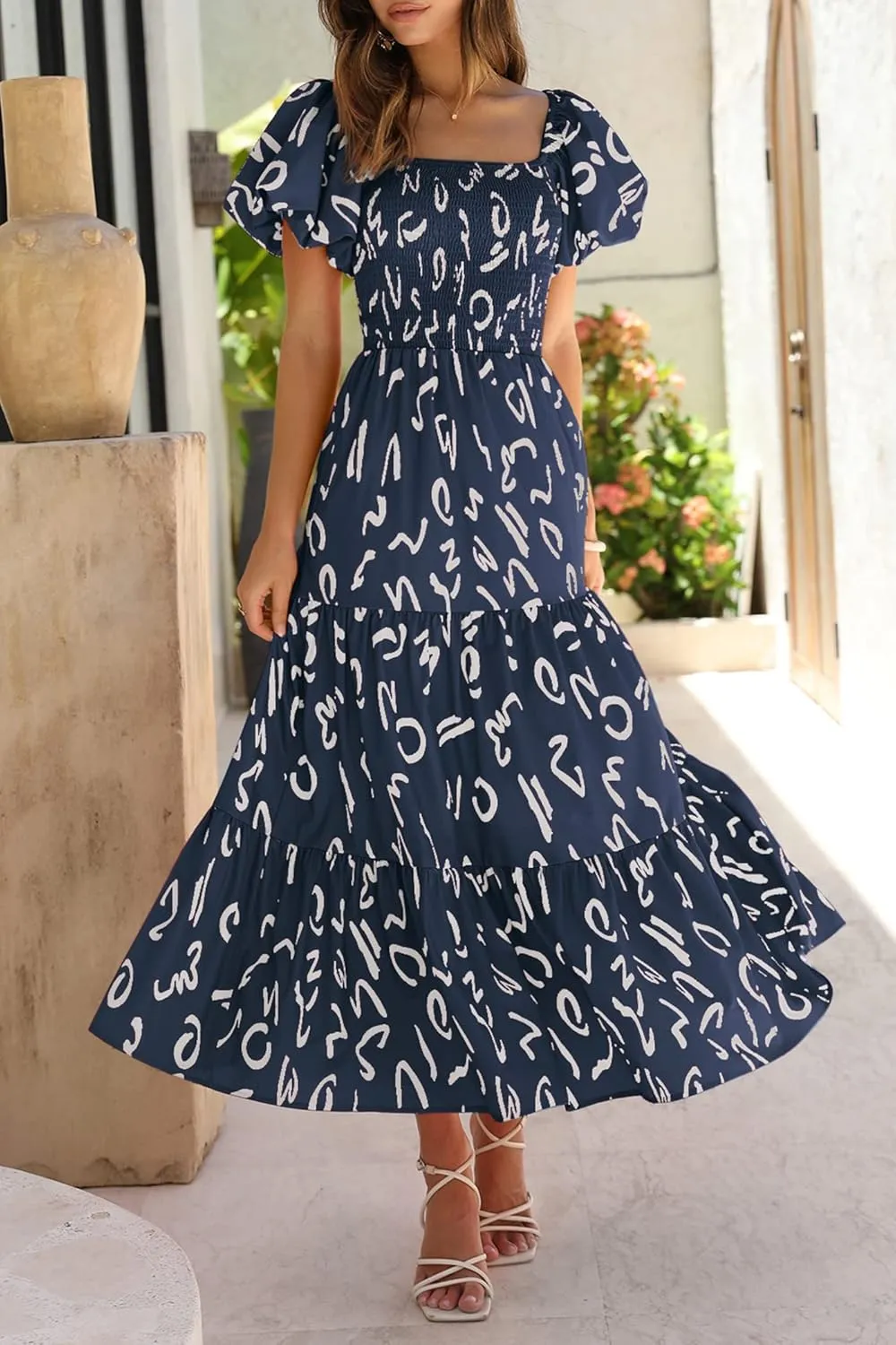 PRETTYGARDEN Women's Casual Summer Dress Puffy Short Sleeve Square Neck Smocked Tiered A Line Maxi Long Dresses