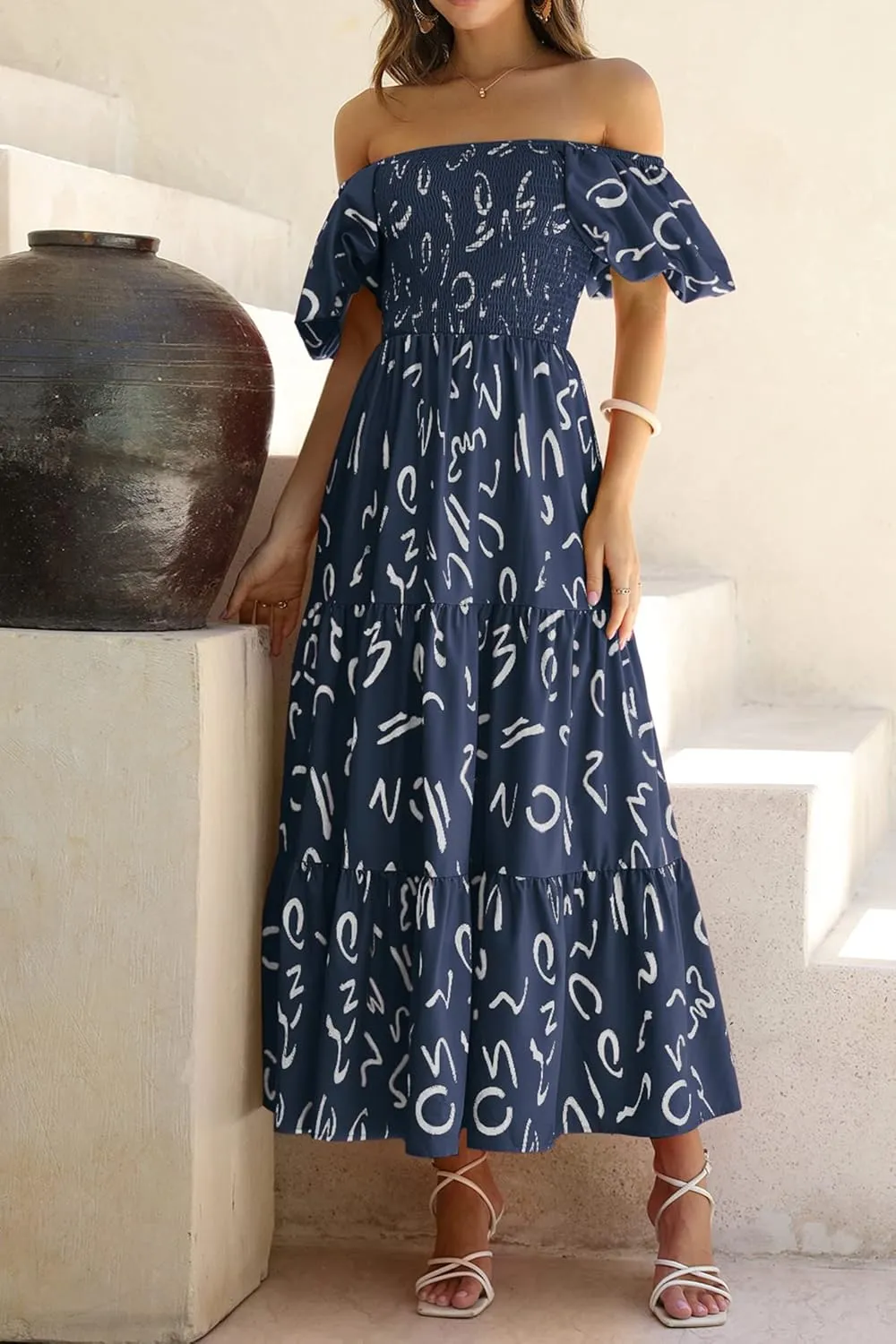 PRETTYGARDEN Women's Casual Summer Dress Puffy Short Sleeve Square Neck Smocked Tiered A Line Maxi Long Dresses