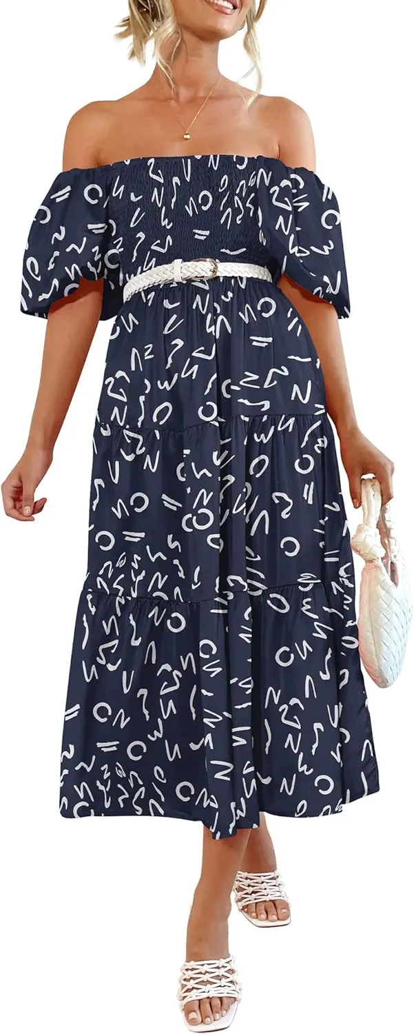 PRETTYGARDEN Women's Casual Summer Dress Puffy Short Sleeve Square Neck Smocked Tiered A Line Maxi Long Dresses