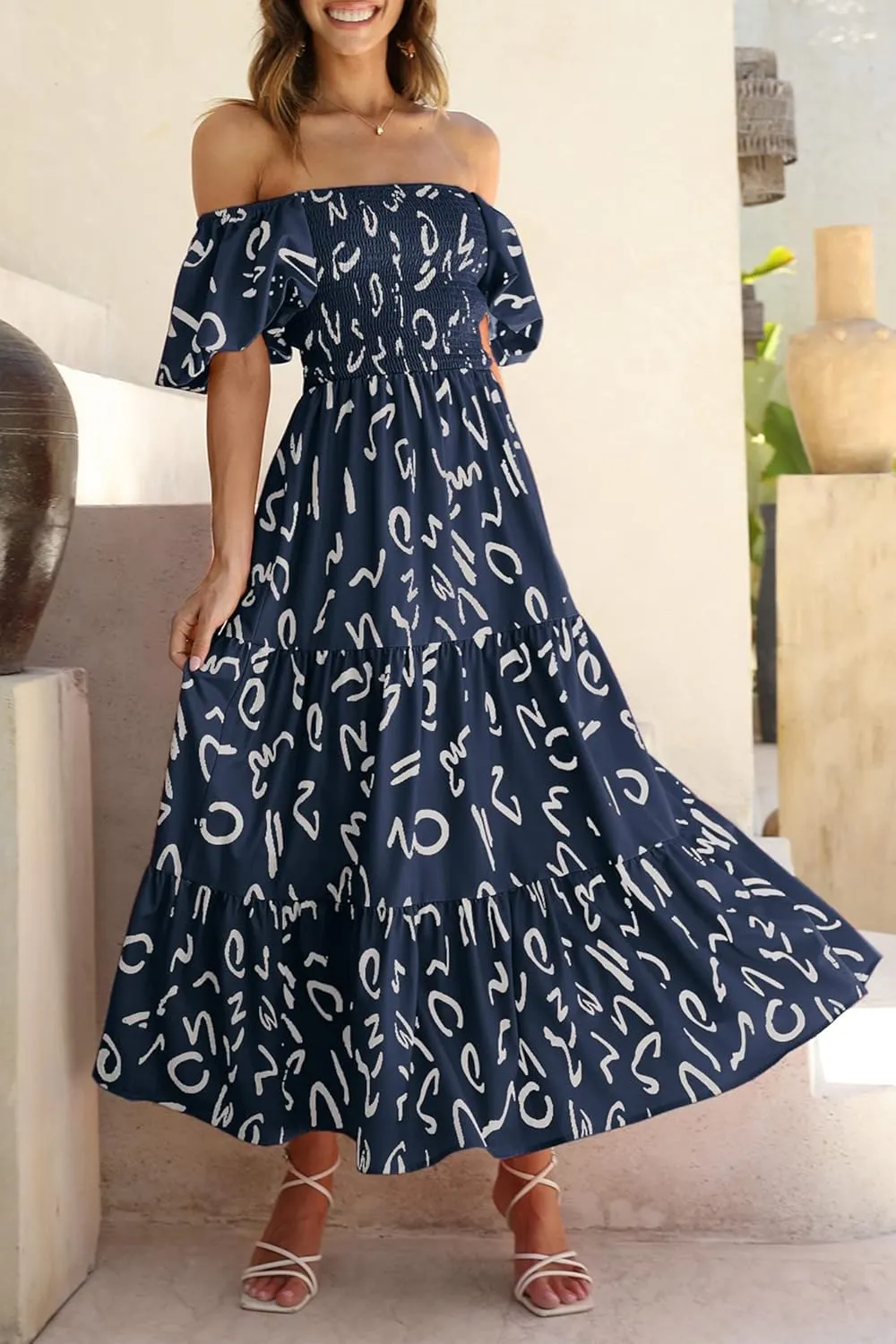 PRETTYGARDEN Women's Casual Summer Dress Puffy Short Sleeve Square Neck Smocked Tiered A Line Maxi Long Dresses