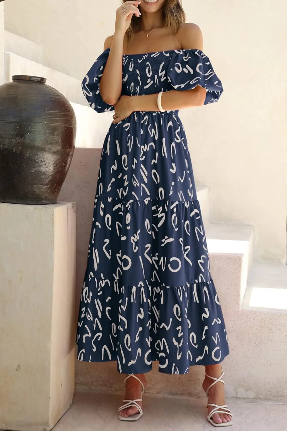 PRETTYGARDEN Women's Casual Summer Dress Puffy Short Sleeve Square Neck Smocked Tiered A Line Maxi Long Dresses