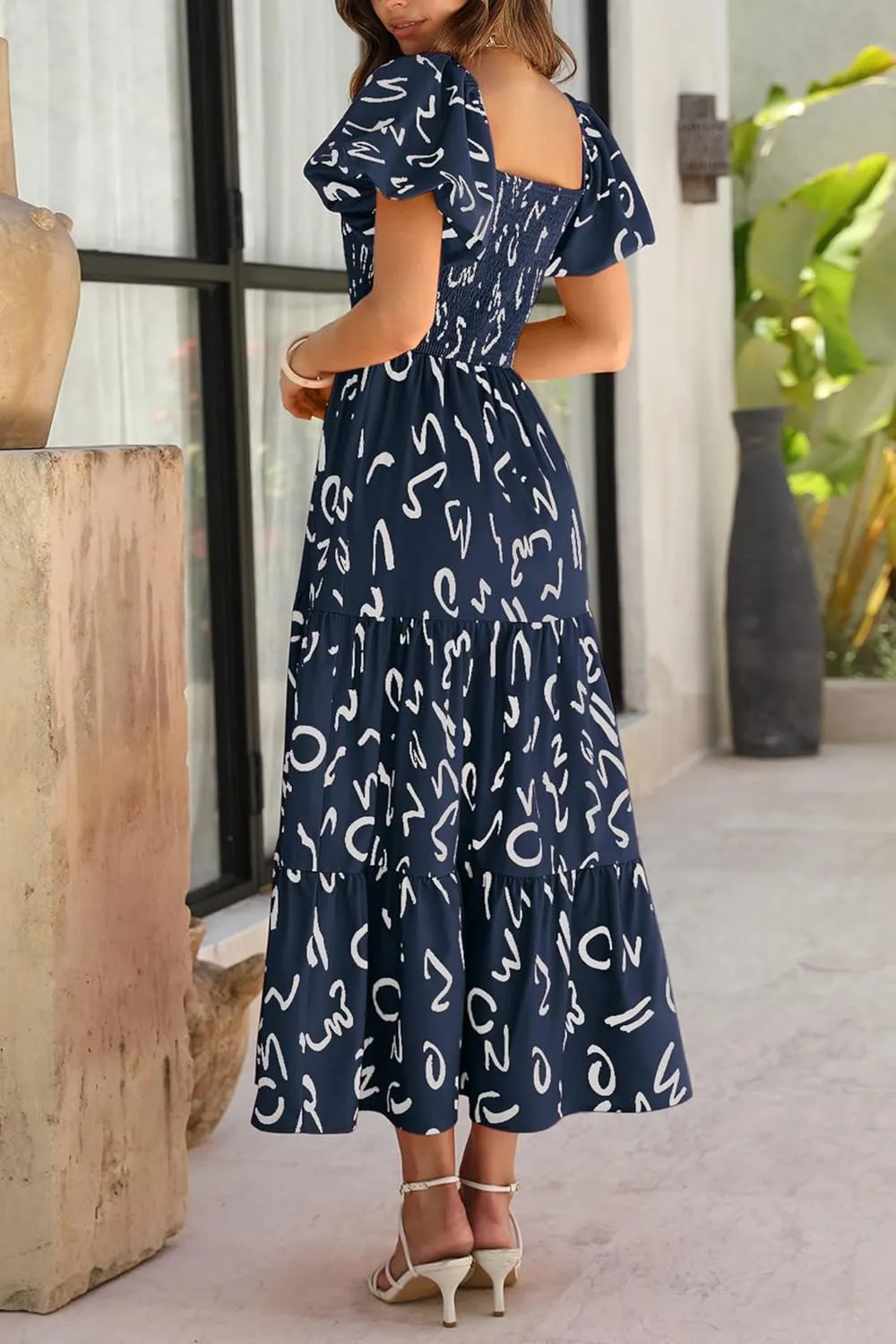 PRETTYGARDEN Women's Casual Summer Dress Puffy Short Sleeve Square Neck Smocked Tiered A Line Maxi Long Dresses