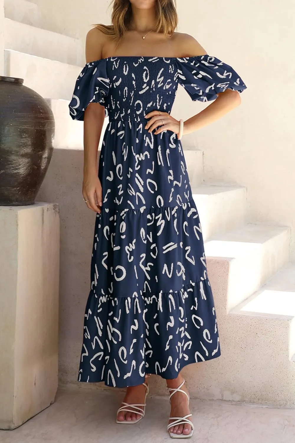 PRETTYGARDEN Women's Casual Summer Dress Puffy Short Sleeve Square Neck Smocked Tiered A Line Maxi Long Dresses