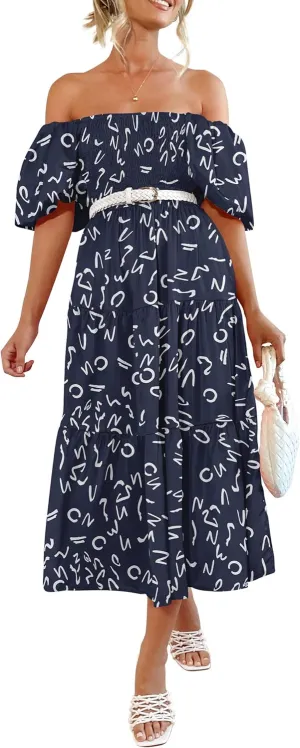 PRETTYGARDEN Women's Casual Summer Dress Puffy Short Sleeve Square Neck Smocked Tiered A Line Maxi Long Dresses