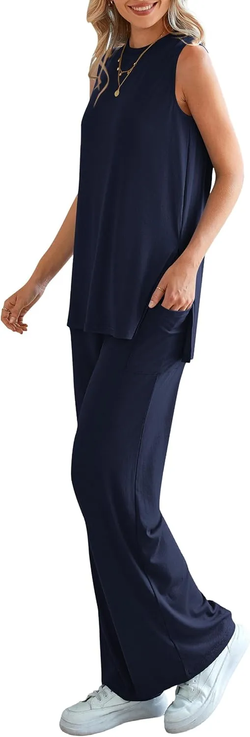 PRETTYGARDEN Women's Summer 2 Piece Set 2025 Loose Tank Top Wide Leg Pants Casual Matching Lounge Travel Outfits Tracksuit