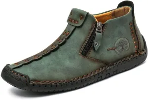 QINGCOMFACAI Mens Ankle Boots Leather Casual Loafers Shoes Slip On Fashion Hand Stitching Chukka Shoes Driving Outdoor Working Shoes