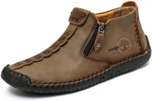 QINGCOMFACAI Mens Ankle Boots Leather Casual Loafers Shoes Slip On Fashion Hand Stitching Chukka Shoes Driving Outdoor Working Shoes