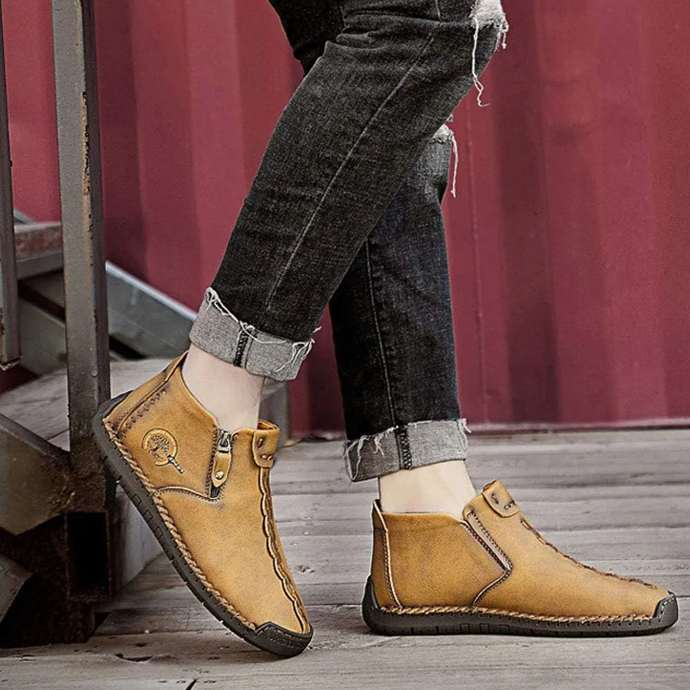 QINGCOMFACAI Mens Ankle Boots Leather Casual Loafers Shoes Slip On Fashion Hand Stitching Chukka Shoes Driving Outdoor Working Shoes