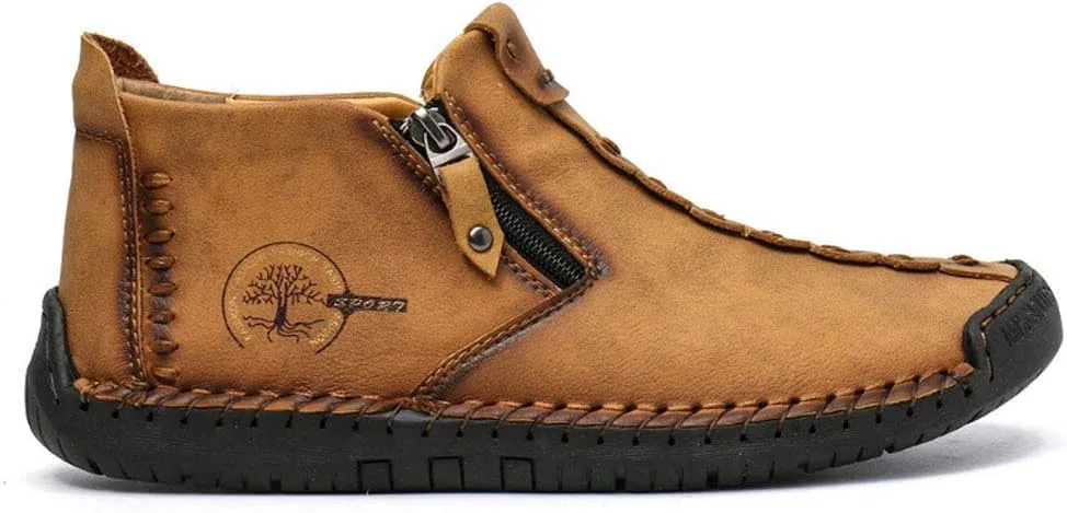 QINGCOMFACAI Mens Ankle Boots Leather Casual Loafers Shoes Slip On Fashion Hand Stitching Chukka Shoes Driving Outdoor Working Shoes