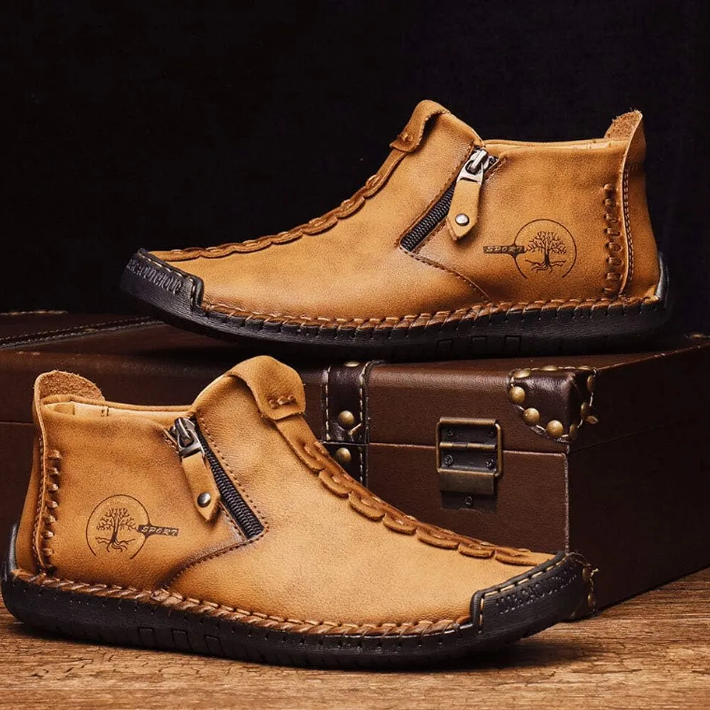 QINGCOMFACAI Mens Ankle Boots Leather Casual Loafers Shoes Slip On Fashion Hand Stitching Chukka Shoes Driving Outdoor Working Shoes