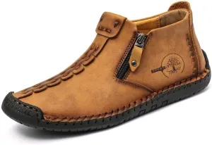 QINGCOMFACAI Mens Ankle Boots Leather Casual Loafers Shoes Slip On Fashion Hand Stitching Chukka Shoes Driving Outdoor Working Shoes