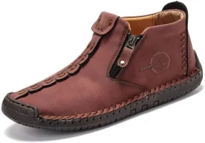 QINGCOMFACAI Mens Ankle Boots Leather Casual Loafers Shoes Slip On Fashion Hand Stitching Chukka Shoes Driving Outdoor Working Shoes