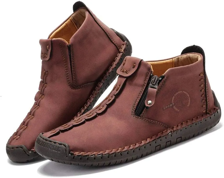 QINGCOMFACAI Mens Ankle Boots Leather Casual Loafers Shoes Slip On Fashion Hand Stitching Chukka Shoes Driving Outdoor Working Shoes