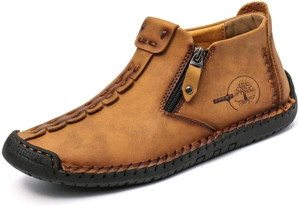 QINGCOMFACAI Mens Ankle Boots Leather Casual Loafers Shoes Slip On Fashion Hand Stitching Chukka Shoes Driving Outdoor Working Shoes