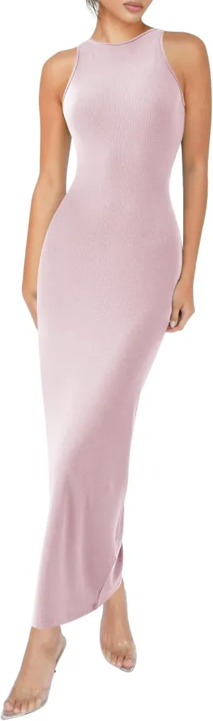 Relety Women's Bodycon Maxi Dresses Ribbed Lounge Tank Long Dresses Elegant Halter Neck Casual Sleeveless Summer Dresses