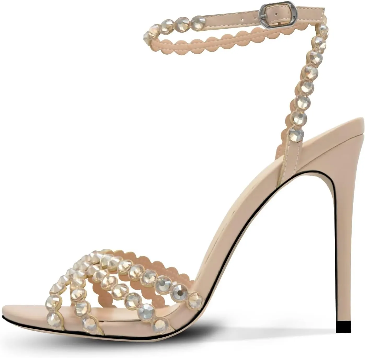 Rhinestone High Heels Stiletos Heels for Women Strappy Buckle Heels Round Toe Sexy Dressy Pumps Sandals