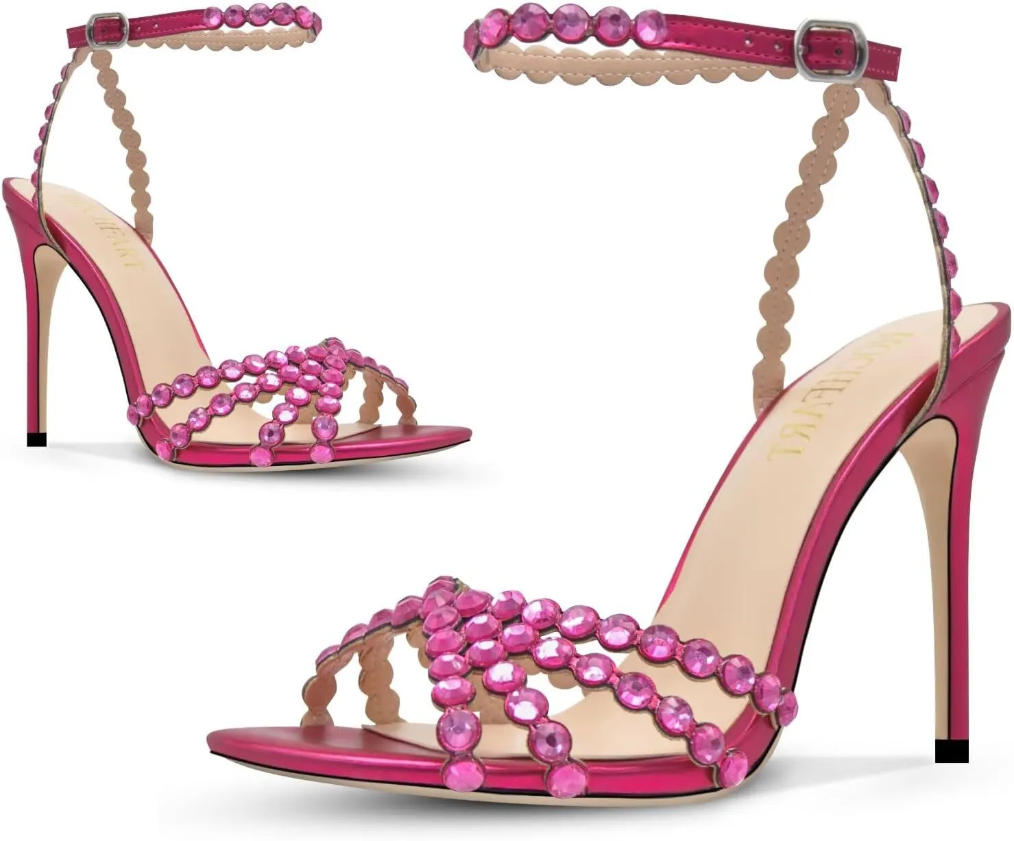 Rhinestone High Heels Stiletos Heels for Women Strappy Buckle Heels Round Toe Sexy Dressy Pumps Sandals