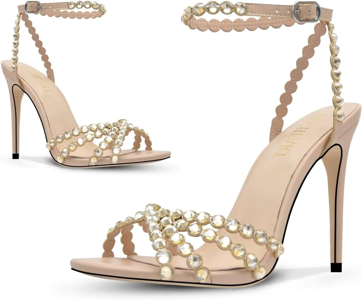 Rhinestone High Heels Stiletos Heels for Women Strappy Buckle Heels Round Toe Sexy Dressy Pumps Sandals