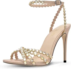 Rhinestone High Heels Stiletos Heels for Women Strappy Buckle Heels Round Toe Sexy Dressy Pumps Sandals