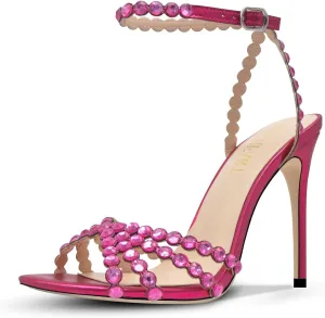 Rhinestone High Heels Stiletos Heels for Women Strappy Buckle Heels Round Toe Sexy Dressy Pumps Sandals