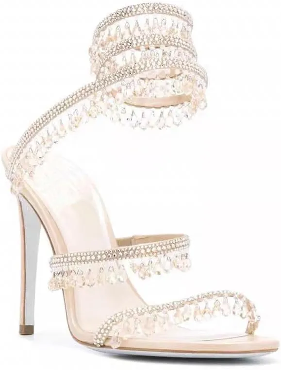 Rhinestone Tassel Wrap Around Heels for Women Prom Shoes Colorful Crystals Twist Open Round Toe Lace up Heeled Sandals