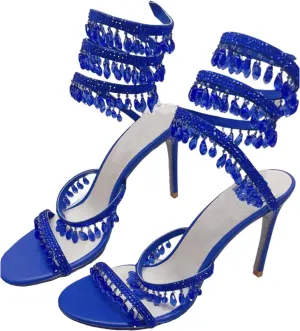 Rhinestone Tassel Wrap Around Heels for Women Prom Shoes Colorful Crystals Twist Open Round Toe Lace up Heeled Sandals