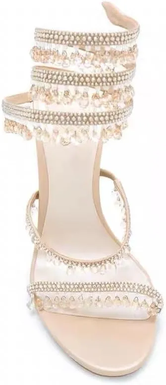 Rhinestone Tassel Wrap Around Heels for Women Prom Shoes Colorful Crystals Twist Open Round Toe Lace up Heeled Sandals
