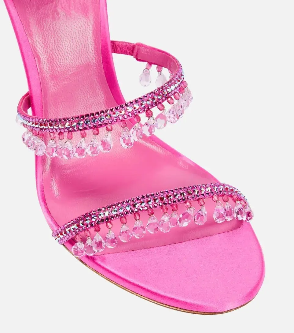 Rhinestone Tassel Wrap Around Heels for Women Prom Shoes Colorful Crystals Twist Open Round Toe Lace up Heeled Sandals