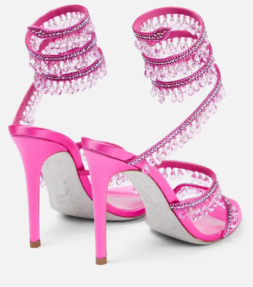 Rhinestone Tassel Wrap Around Heels for Women Prom Shoes Colorful Crystals Twist Open Round Toe Lace up Heeled Sandals
