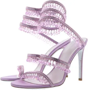 Rhinestone Tassel Wrap Around High Heels Stiletto Sandals for Women,Women's Colorful Diamonds Twist Around Open Round Toe Lace up Heeled Sandals Date Banquet Dress Wedding Prom High Heeled Shoes