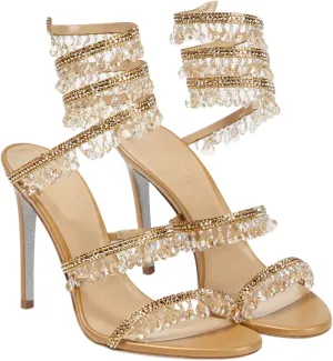Rhinestone Tassel Wrap Around Stiletto Heels for Women Open Round Toe Lace Up Heeled Sandals Colorful Crystals Twist Prom Shoes