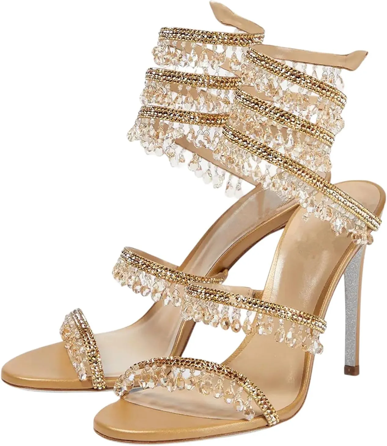 Rhinestone Tassel Wrap Around Stiletto Heels for Women Open Round Toe Lace Up Heeled Sandals Colorful Crystals Twist Prom Shoes