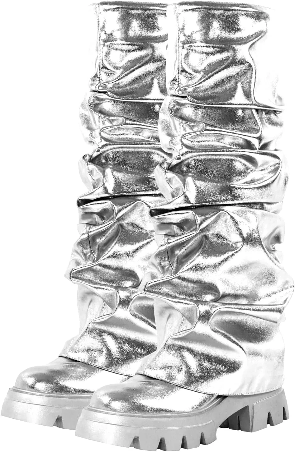richealnini Metallic Knee High Boots for Women Round Toe Platform Heel Pull On Slouch Boots
