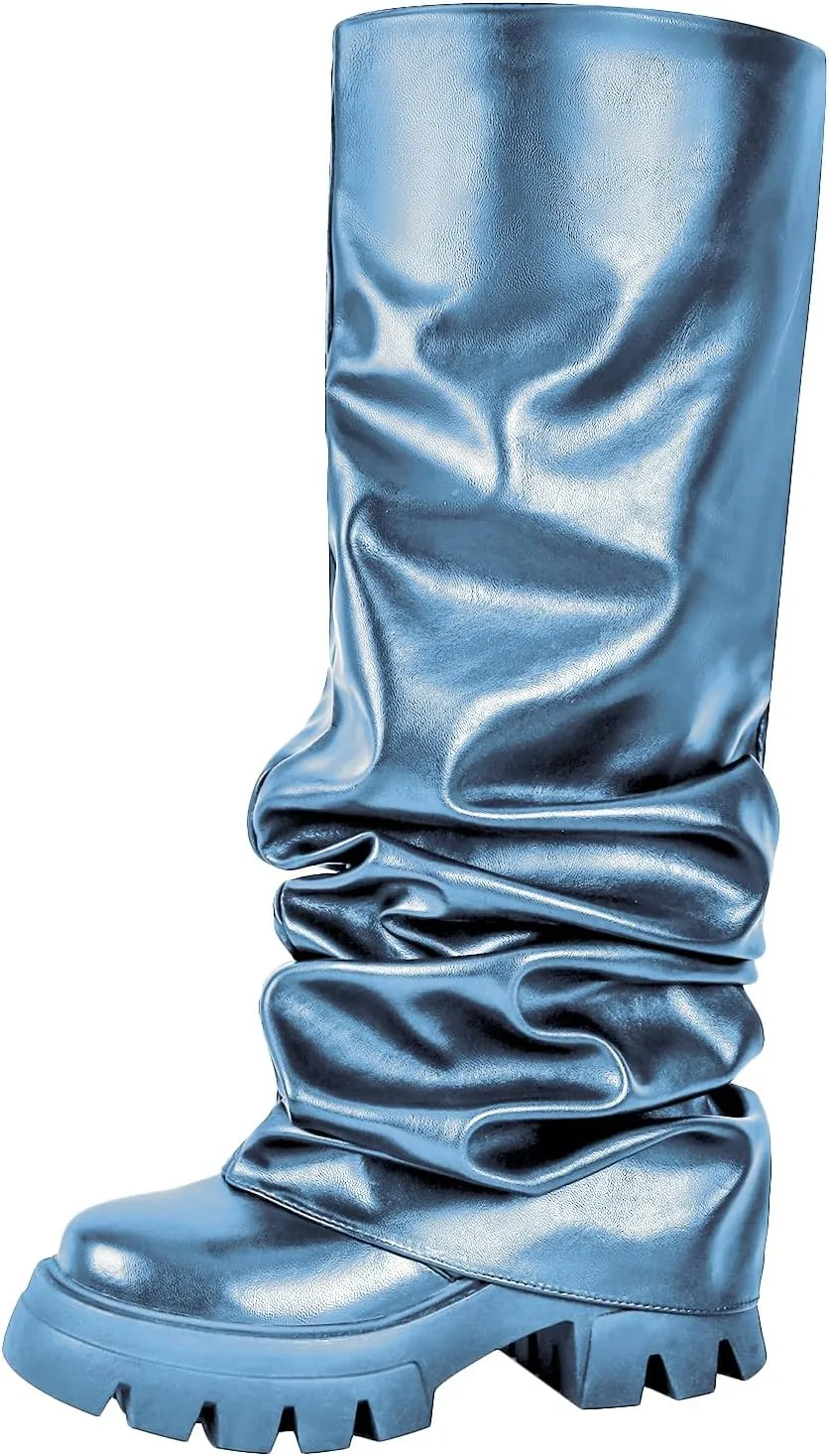 richealnini Metallic Knee High Boots for Women Round Toe Platform Heel Pull On Slouch Boots